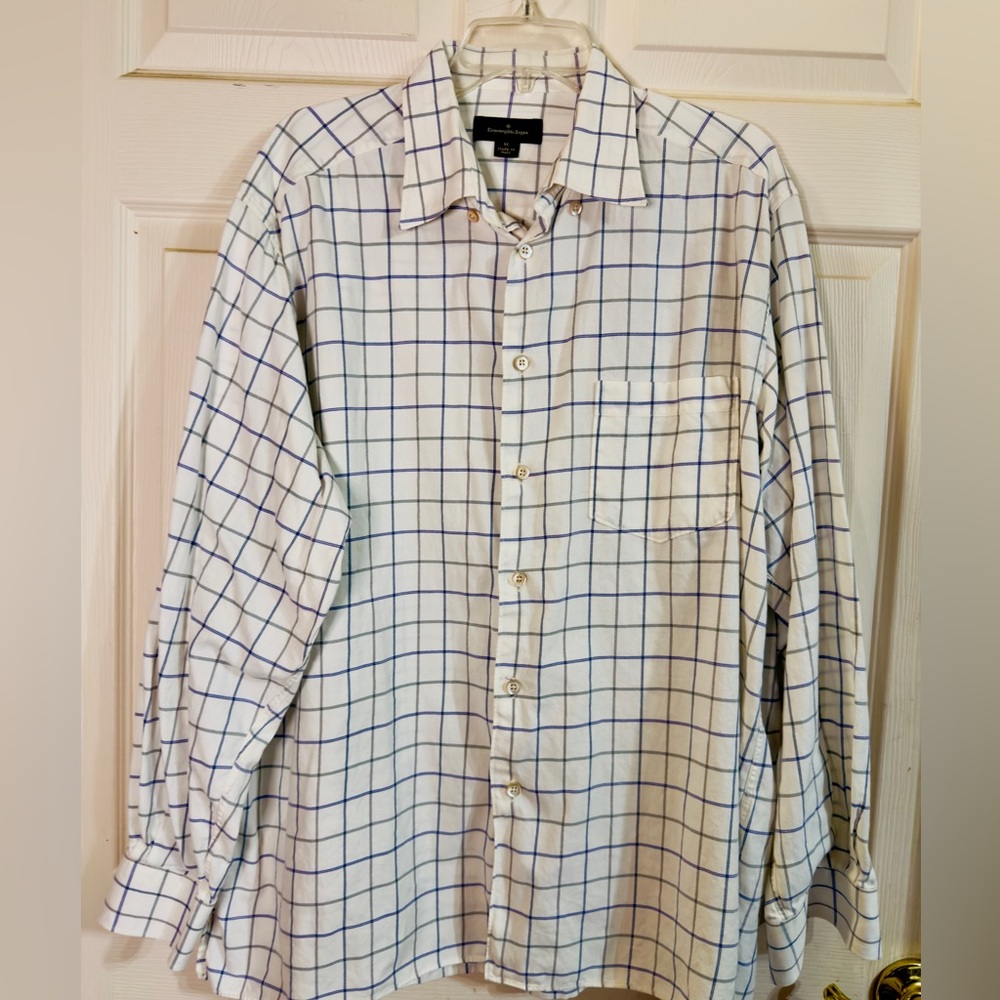 Ermenegildo Zegna Men White Blue Windowpane Checkered High-Quality Shirt XL EUC